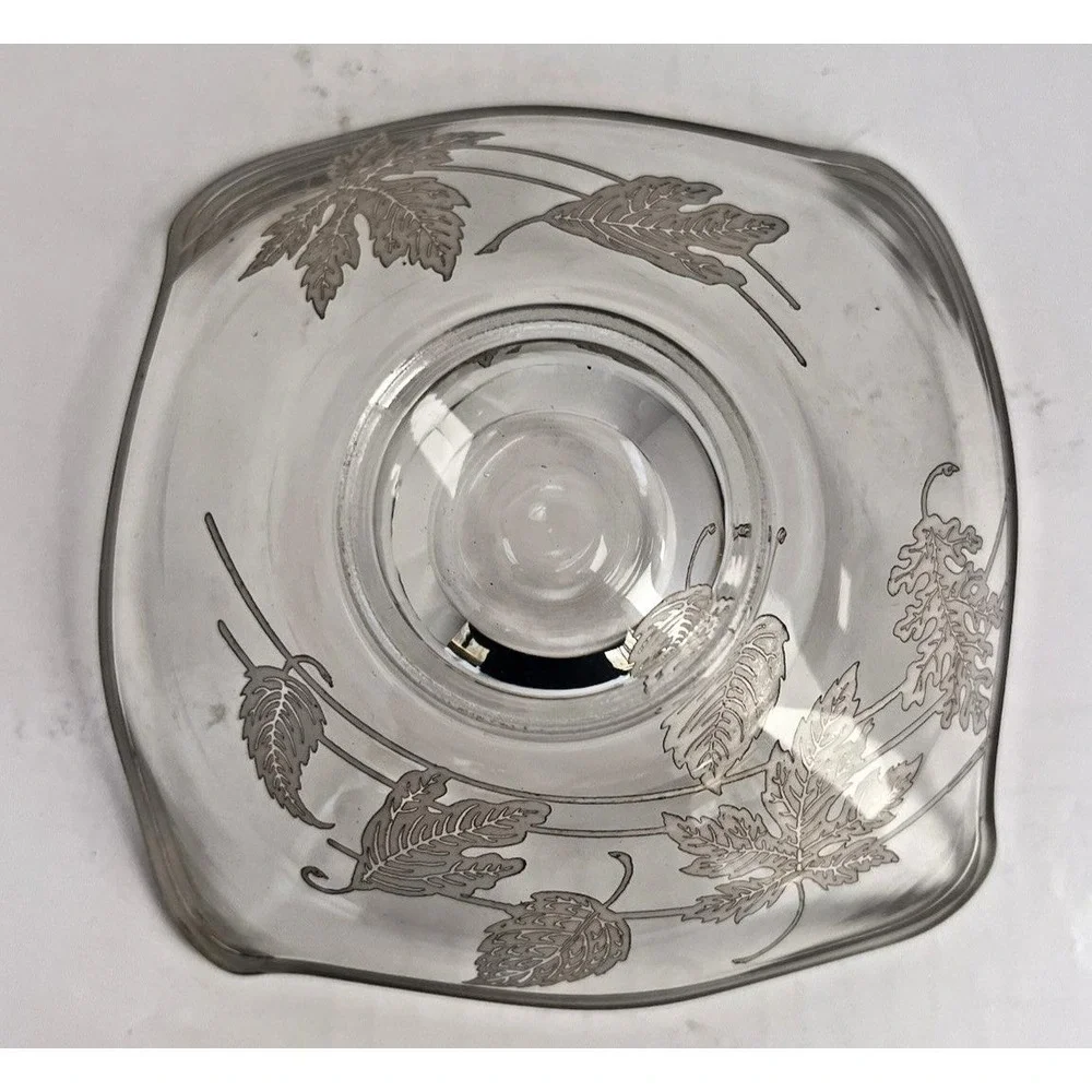 Candy Dish Etched Glass Silver Leaf Pedestal Stand Mid Century Modern Vintage